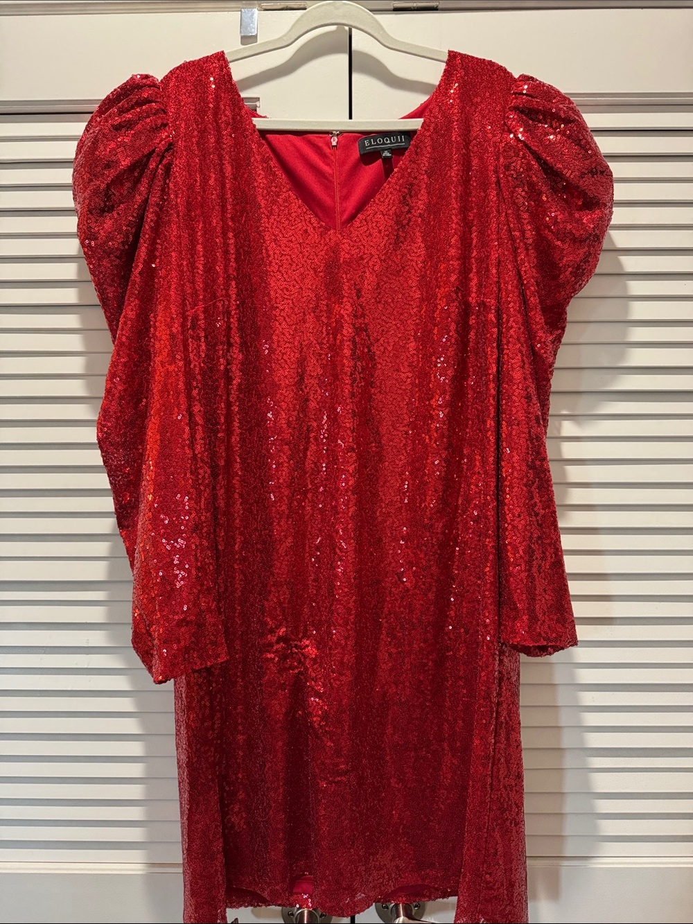 Eloquii Red Sequin Puff-Sleeve V-Neck Long Sleeve Dress